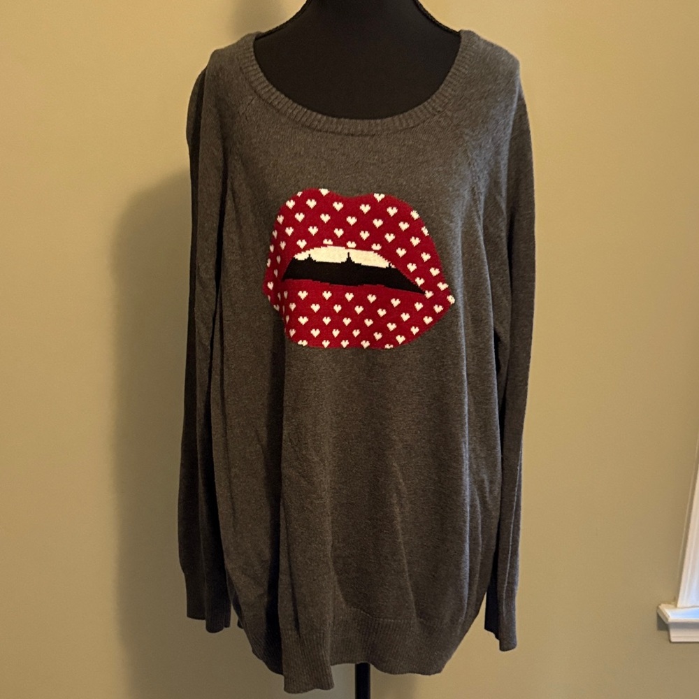 Charcoal Sweater with Red Heart Lips Graphic